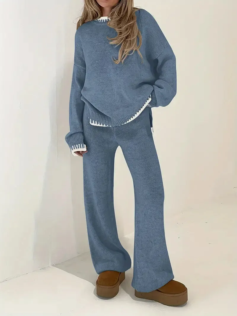 2-Piece Comfortable Set | Sweater with Contrasting Trim and High-Waisted Pants for Women