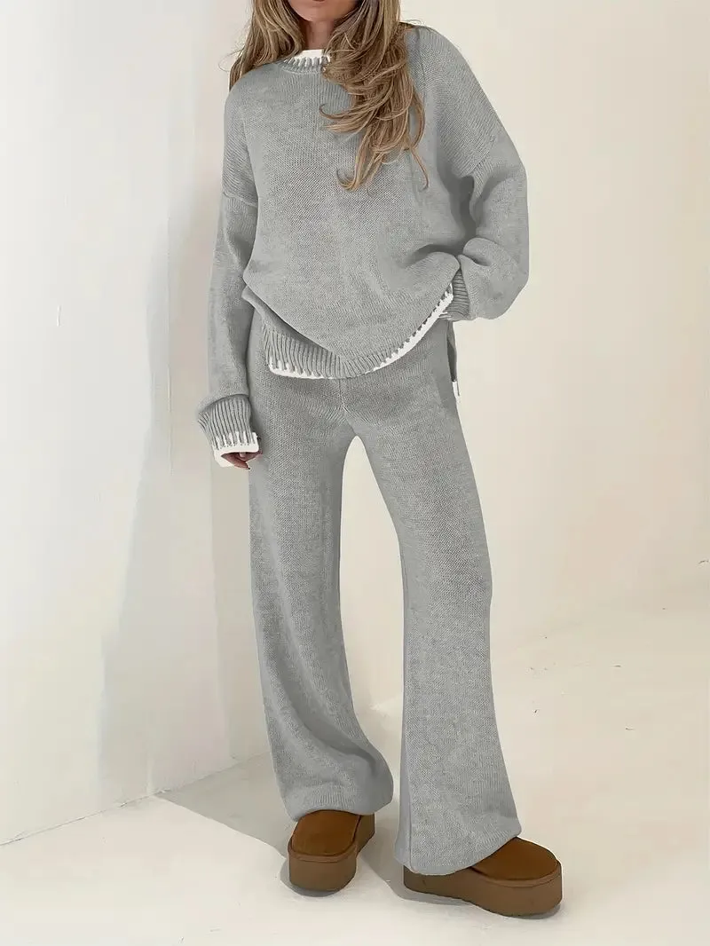 2-Piece Comfortable Set | Sweater with Contrasting Trim and High-Waisted Pants for Women