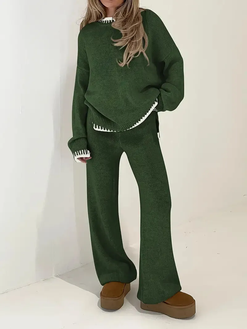 2-Piece Comfortable Set | Sweater with Contrasting Trim and High-Waisted Pants for Women