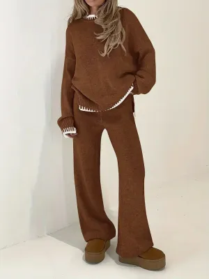 2-Piece Comfortable Set | Sweater with Contrasting Trim and High-Waisted Pants for Women