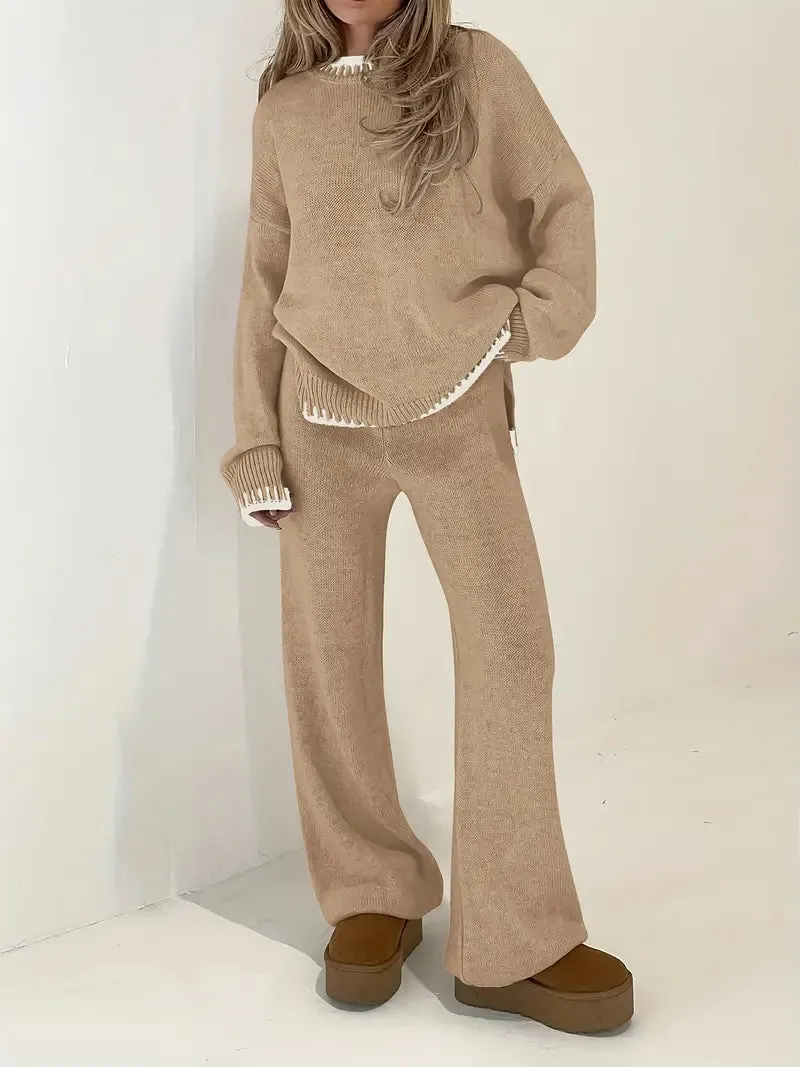 2-Piece Comfortable Set | Sweater with Contrasting Trim and High-Waisted Pants for Women