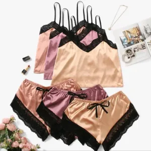 3sets Satin Contrast Lace Bra &amp; Panty Lingerie Set