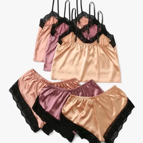 3sets Satin Contrast Lace Bra &amp; Panty Lingerie Set