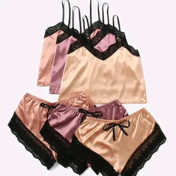 3sets Satin Contrast Lace Bra &amp; Panty Lingerie Set