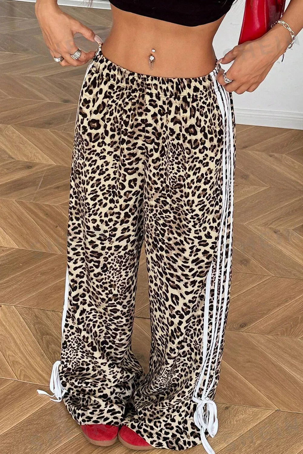 Apricot Leopard Print Varsity Stripes Bow Tie Wide Leg Pants