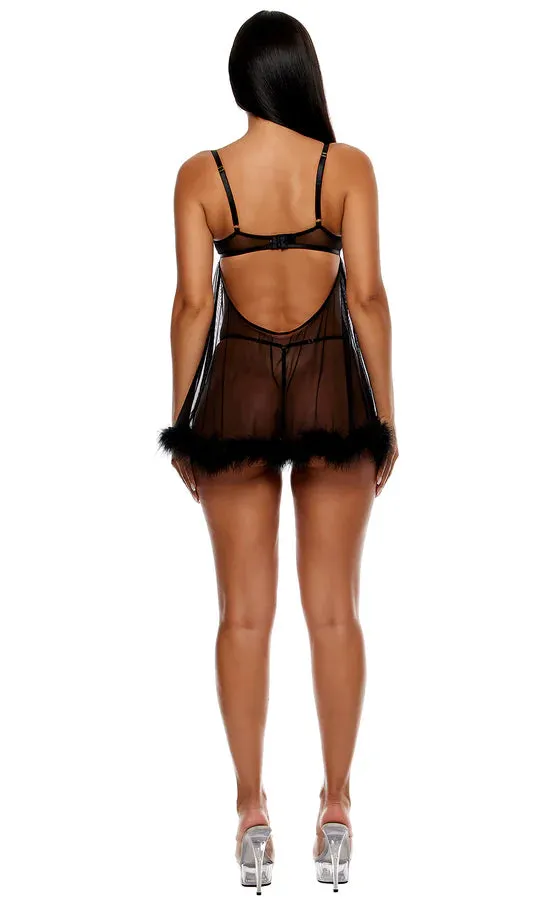 Bare It All Mesh Marabou Babydoll Set