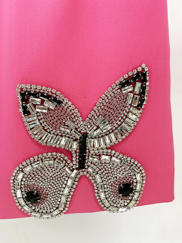 Beaded Diamond Butterfly Patterned Short Skirt Two Piece Set
