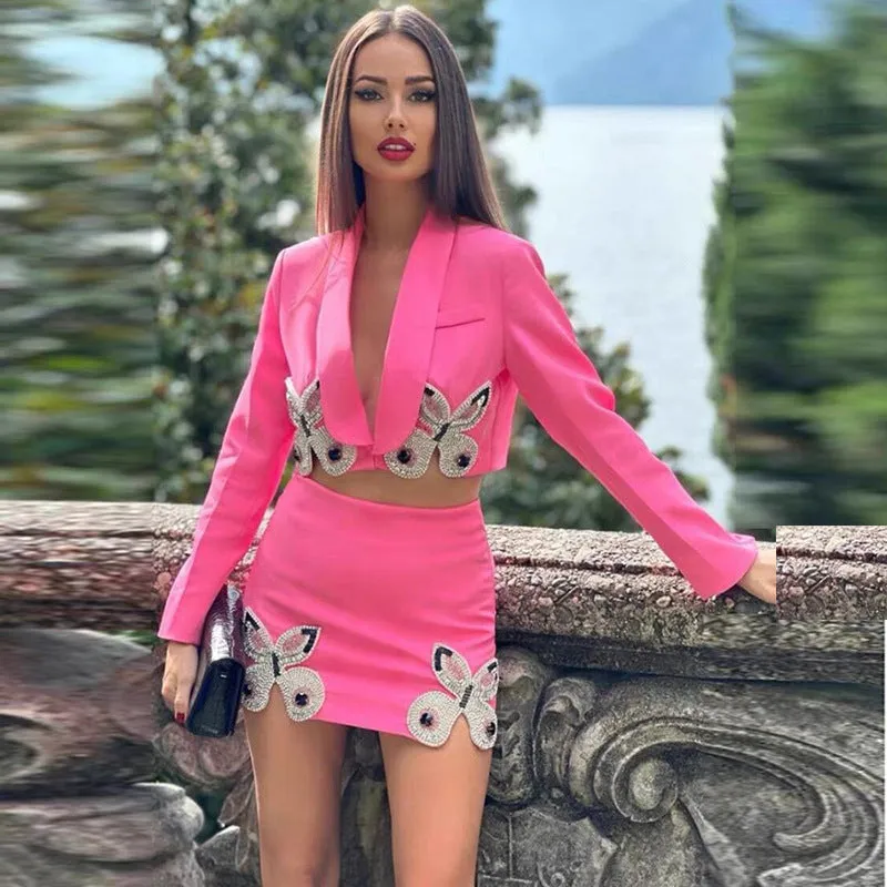 Beaded Diamond Butterfly Patterned Short Skirt Two Piece Set