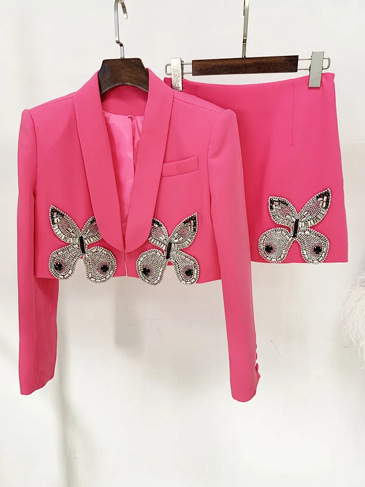Beaded Diamond Butterfly Patterned Short Skirt Two Piece Set