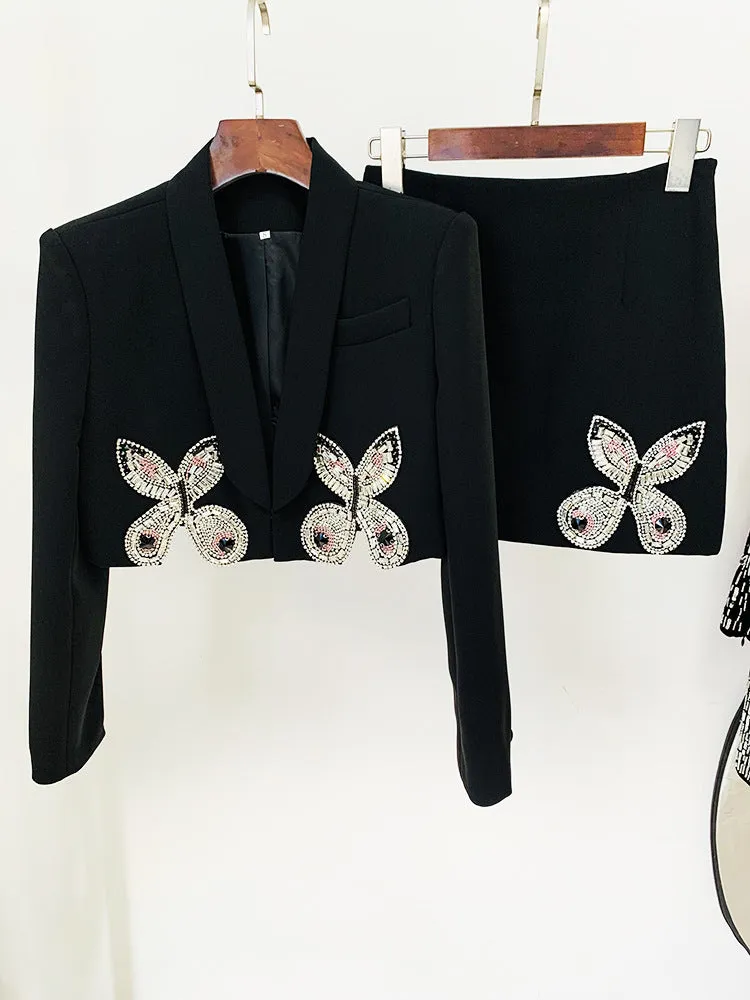 Beaded Diamond Butterfly Patterned Short Skirt Two Piece Set