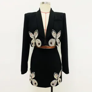 Beaded Diamond Butterfly Patterned Short Skirt Two Piece Set