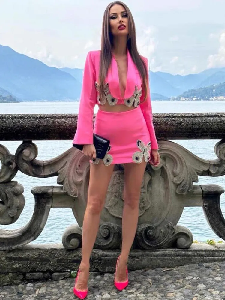 Beaded Diamond Butterfly Patterned Short Skirt Two Piece Set