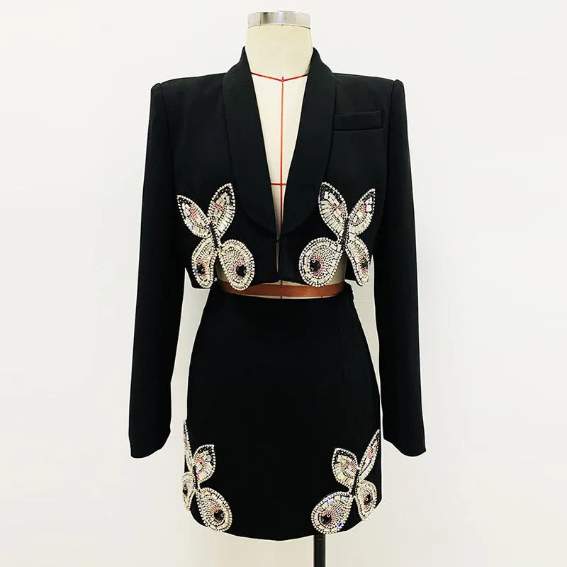 Beaded Diamond Butterfly Patterned Short Skirt Two Piece Set