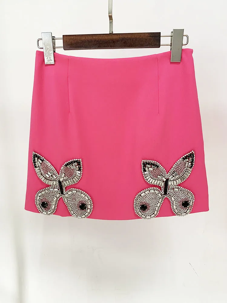 Beaded Diamond Butterfly Patterned Short Skirt Two Piece Set