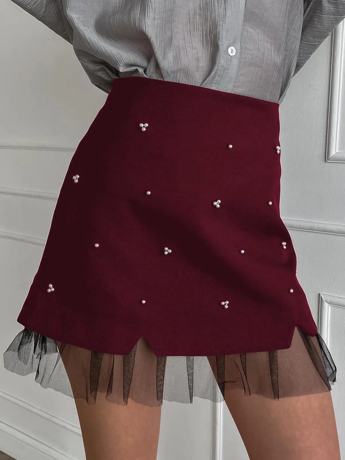 Beaded Tulle Trim A Line Skirt