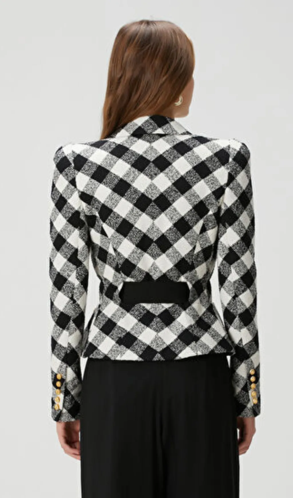 Belted gingham tweed jacket with two Snail buttons