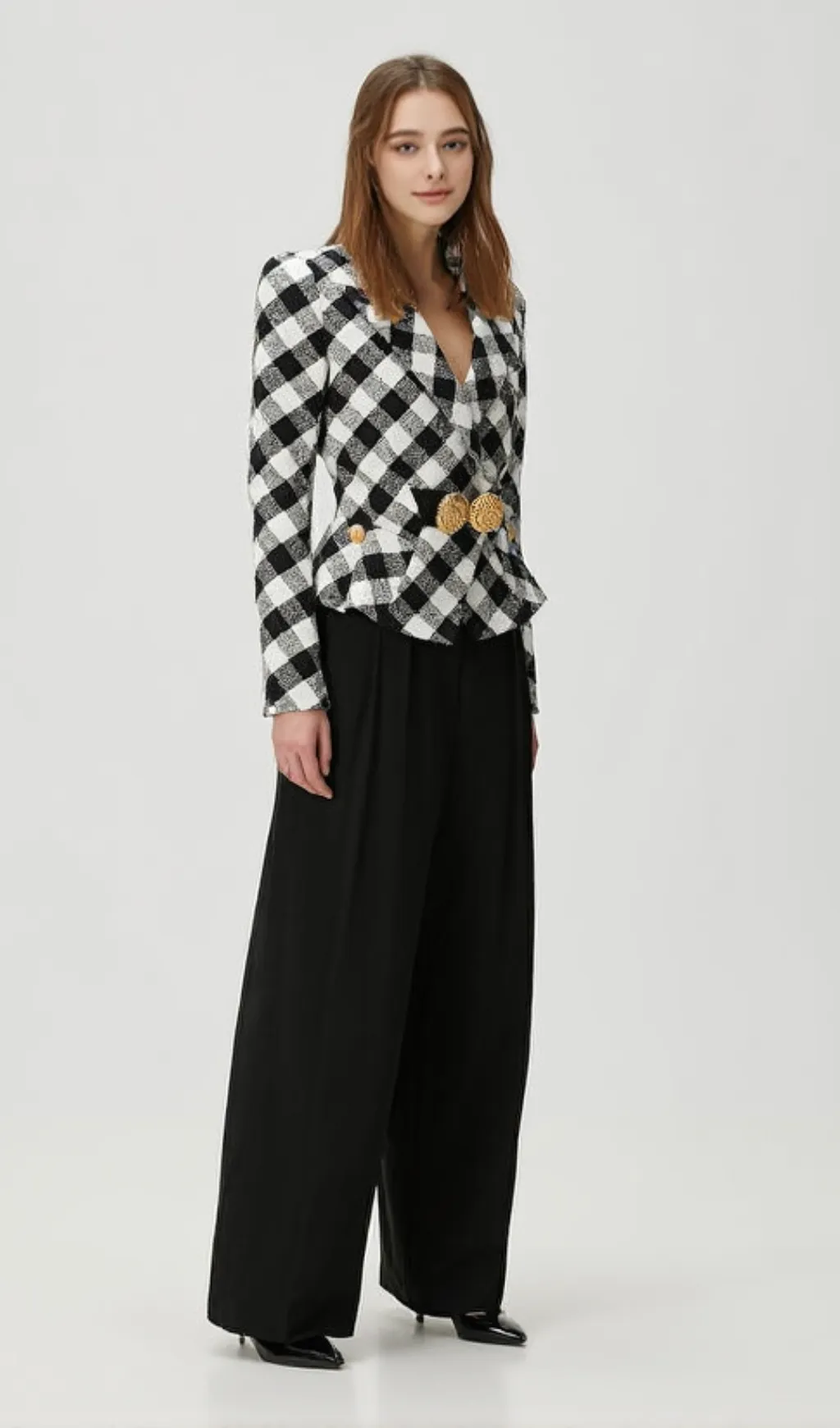 Belted gingham tweed jacket with two Snail buttons