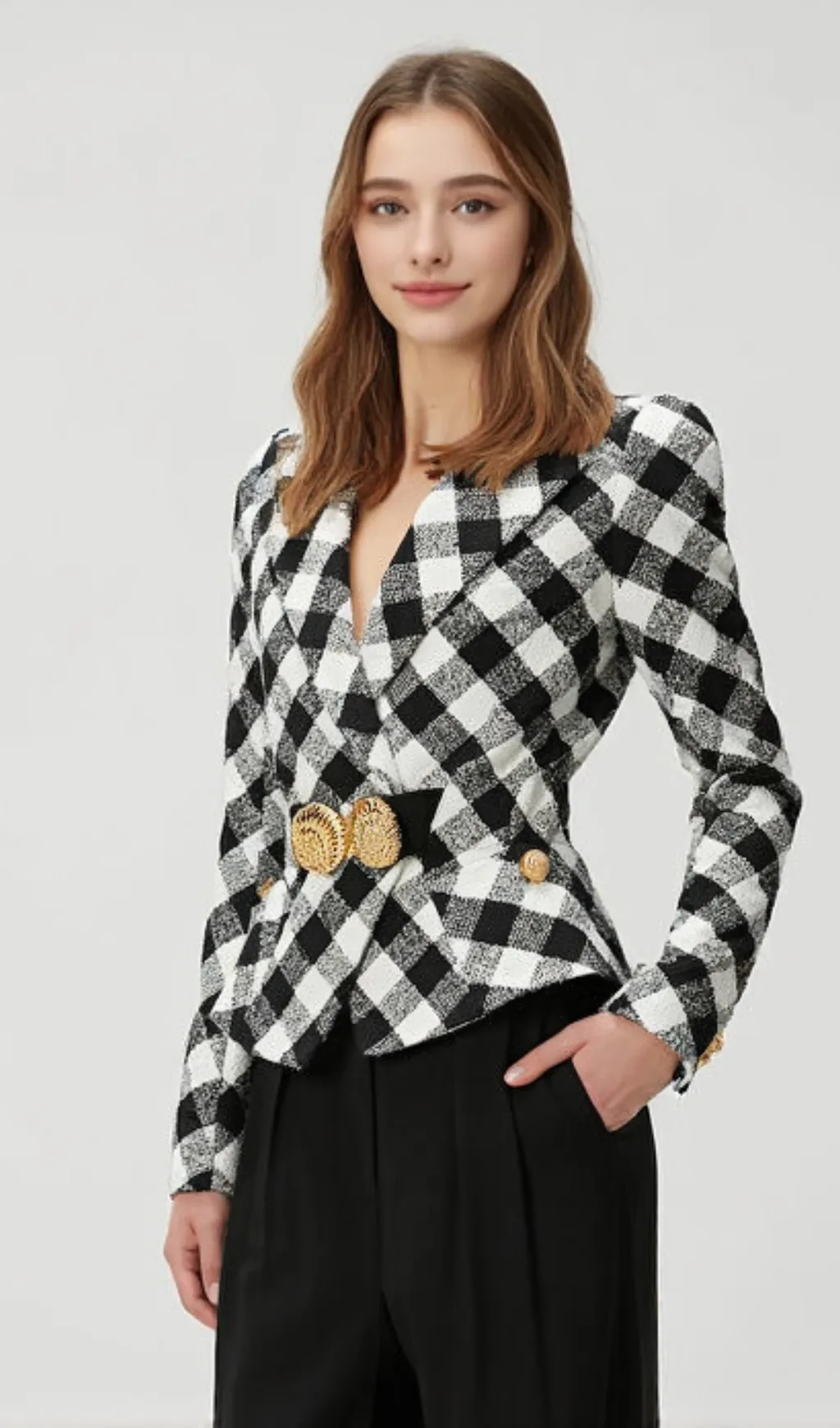 Belted gingham tweed jacket with two Snail buttons