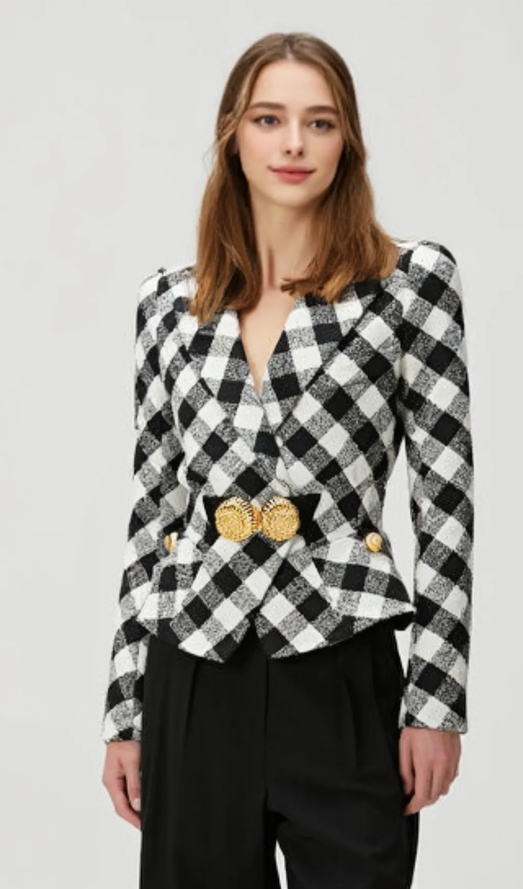 Belted gingham tweed jacket with two Snail buttons