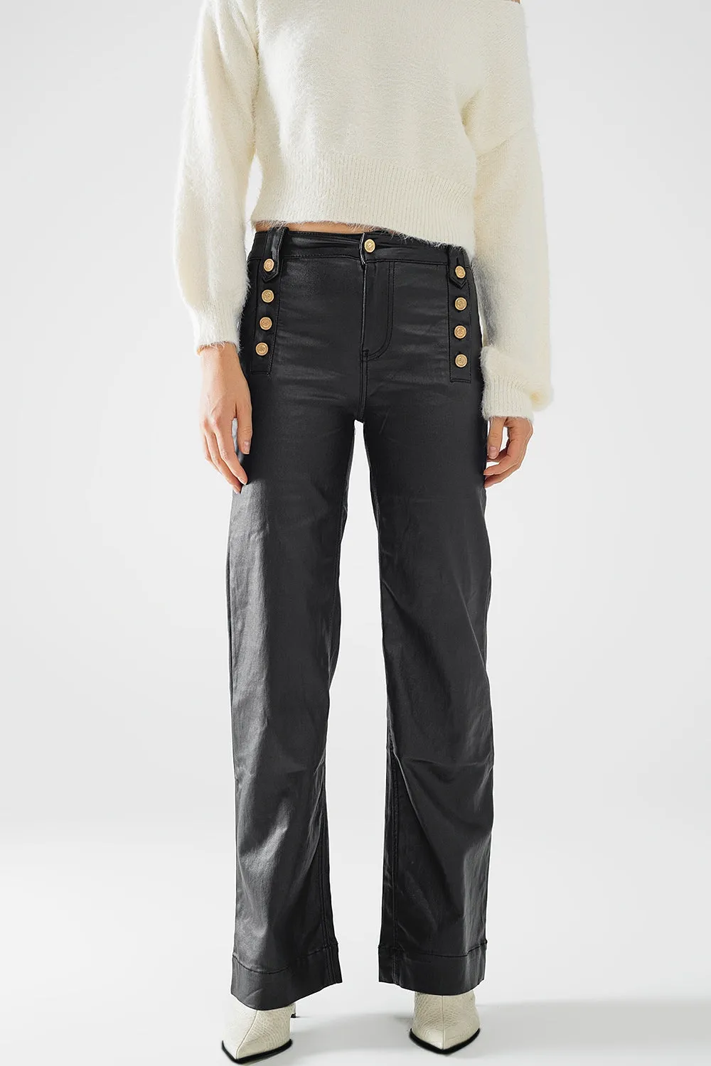 Black faux leather trousers with buttons