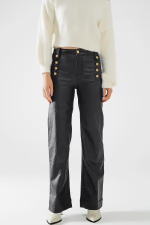 Black faux leather trousers with buttons