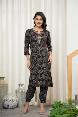 Black Floral Printed Liva Rayon Kurta With Afghani Pants
