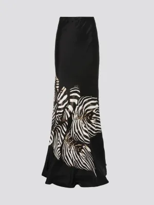 Black Foliage Flared Maxi Skirt