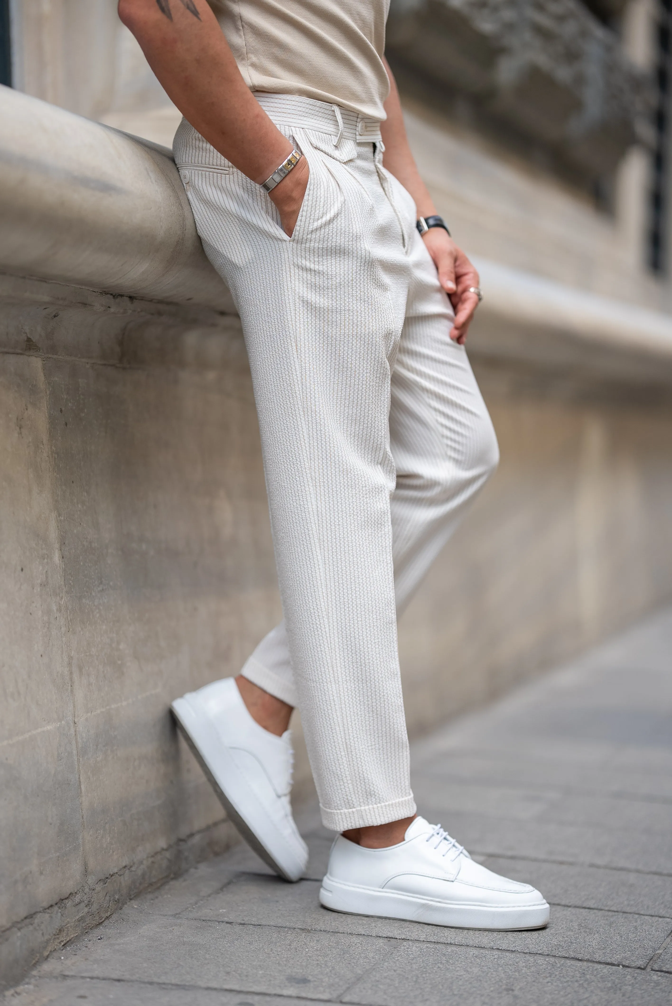 Brabion Tauris White Slim Fit Striped Chino Pants - Versatile Elegance for Any Occasion
