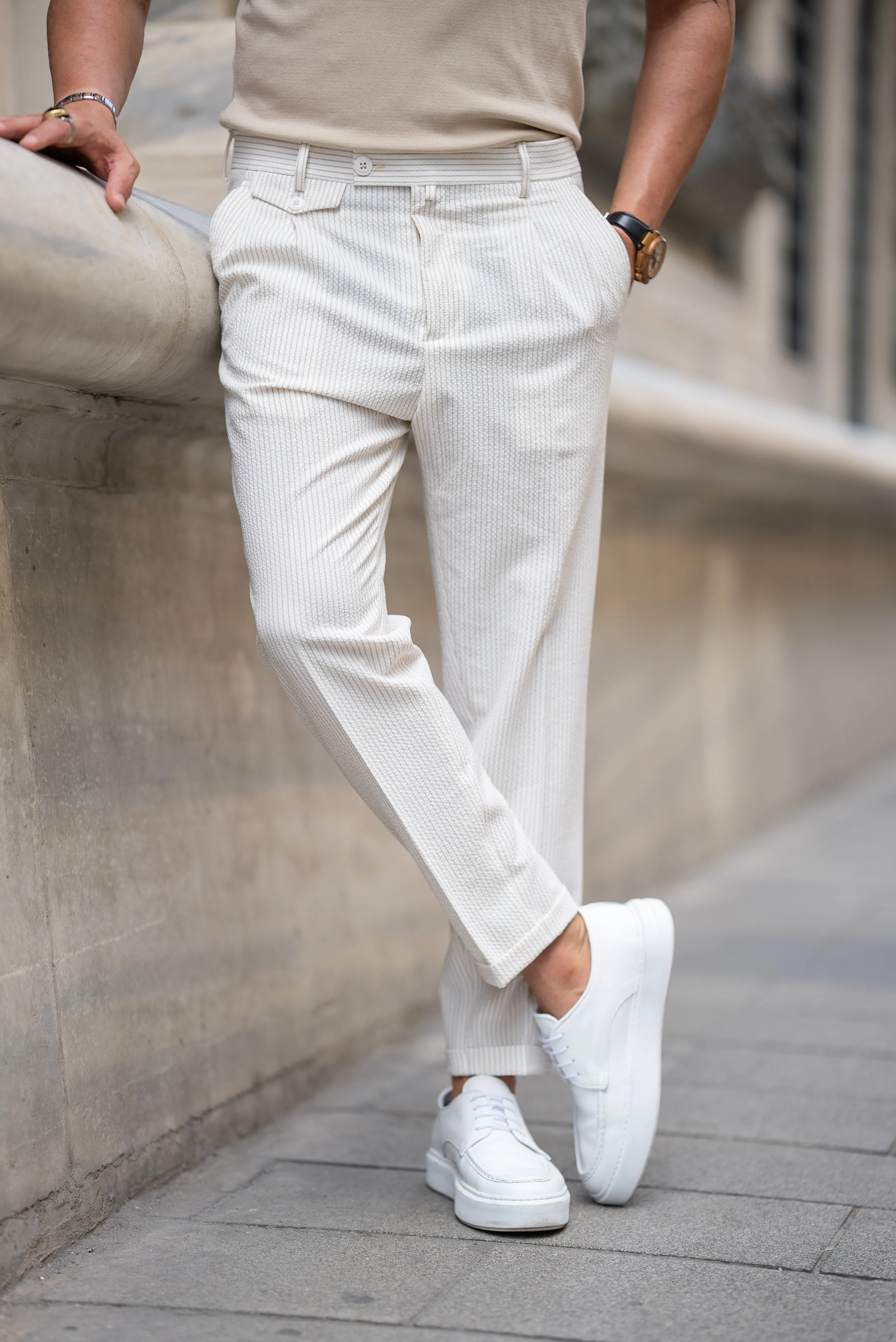 Brabion Tauris White Slim Fit Striped Chino Pants - Versatile Elegance for Any Occasion