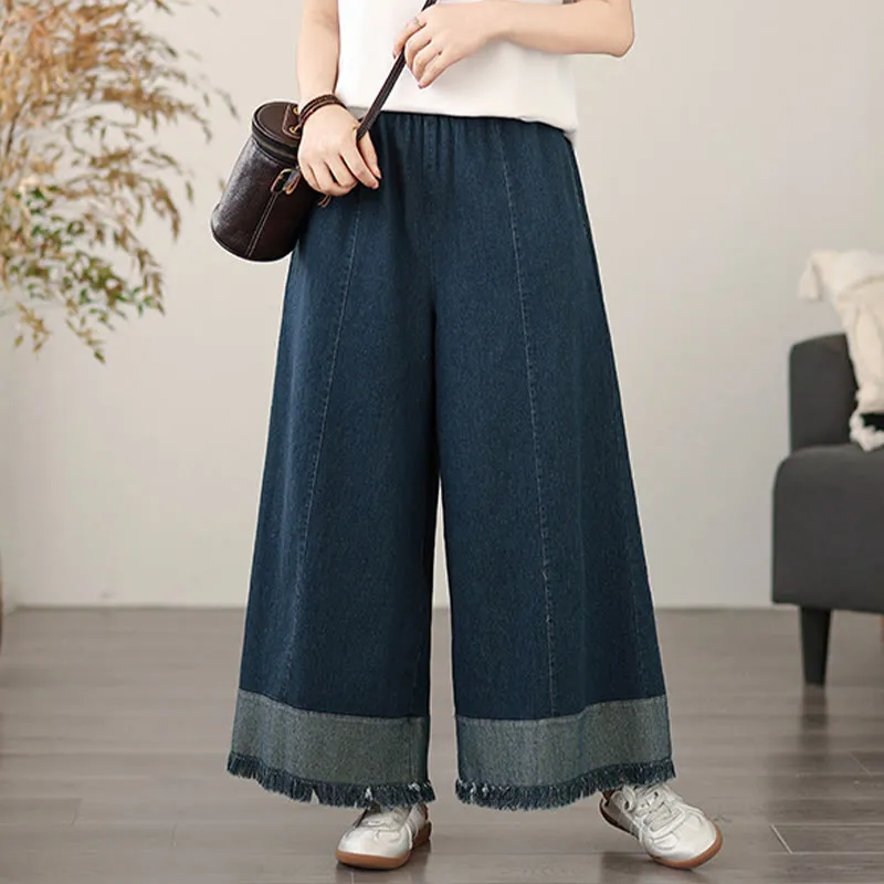 Buddha Stones Spring Vintage Distressed Tassel Design Women's Wide Leg Pants With Pockets