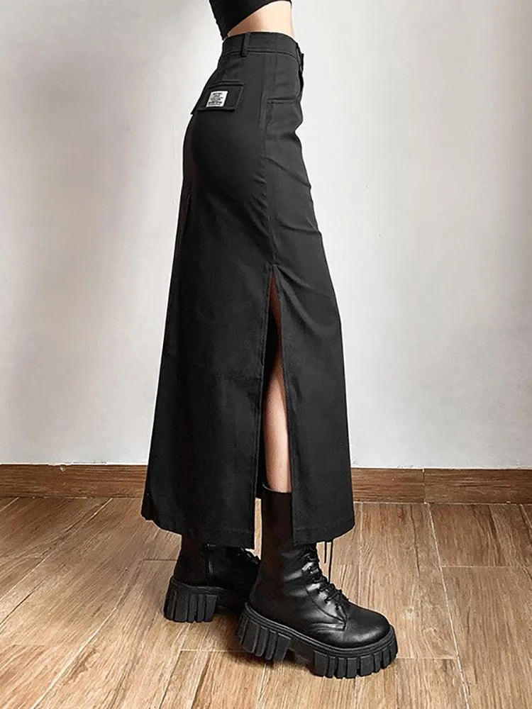 Casual Tag Split Women High Raise Slim Long Skirt