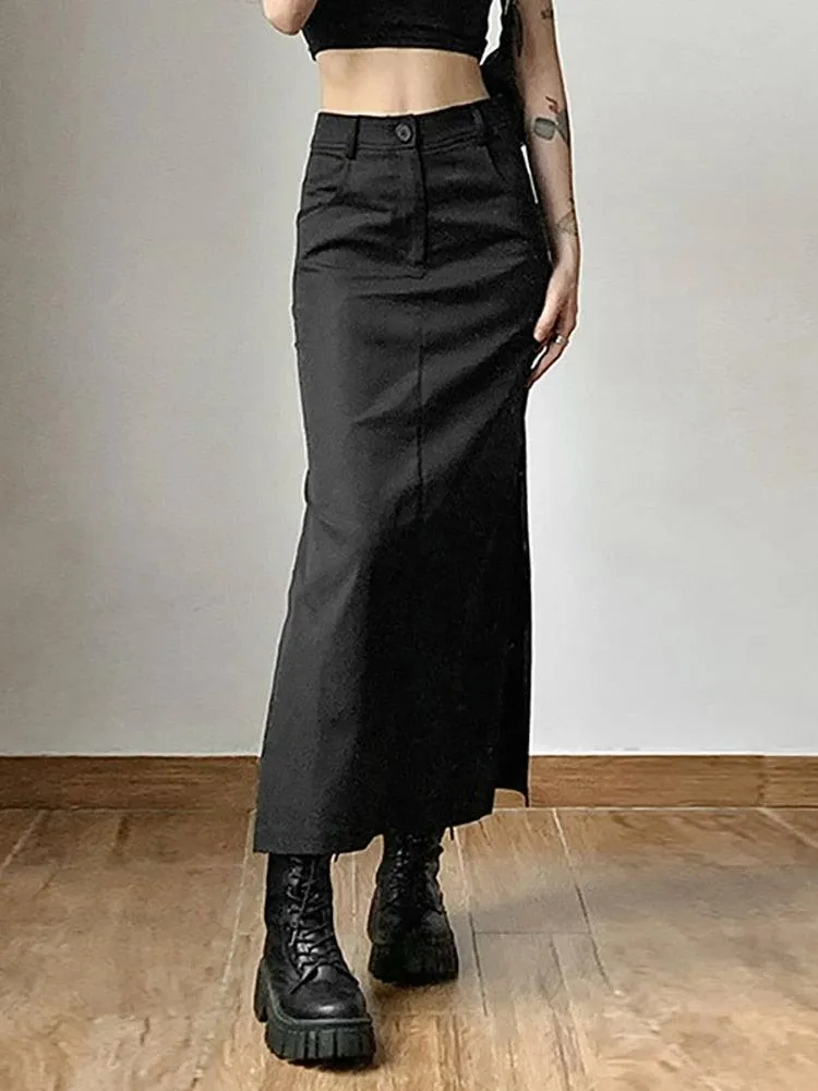 Casual Tag Split Women High Raise Slim Long Skirt