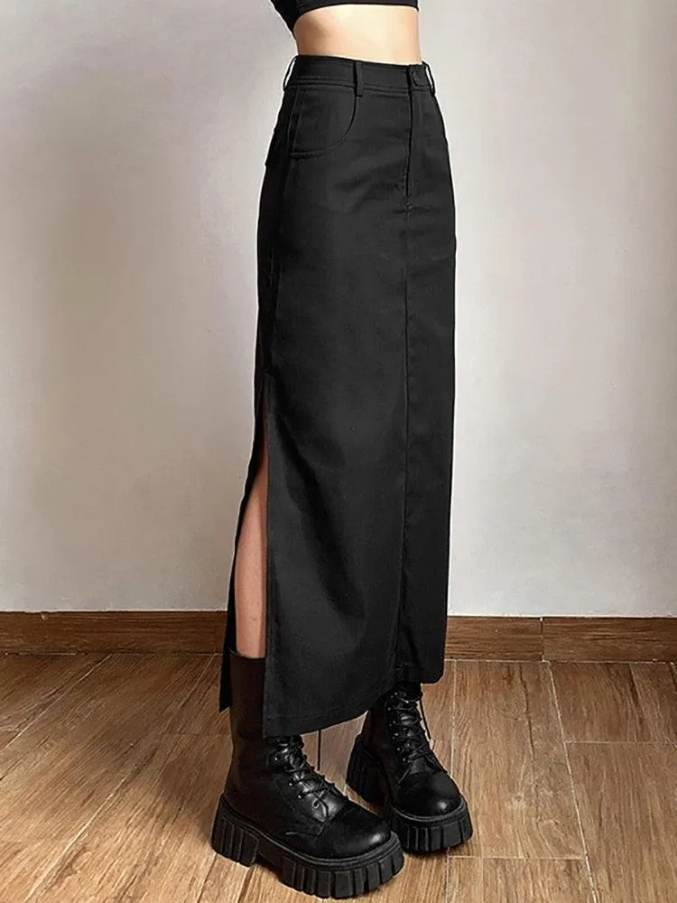 Casual Tag Split Women High Raise Slim Long Skirt
