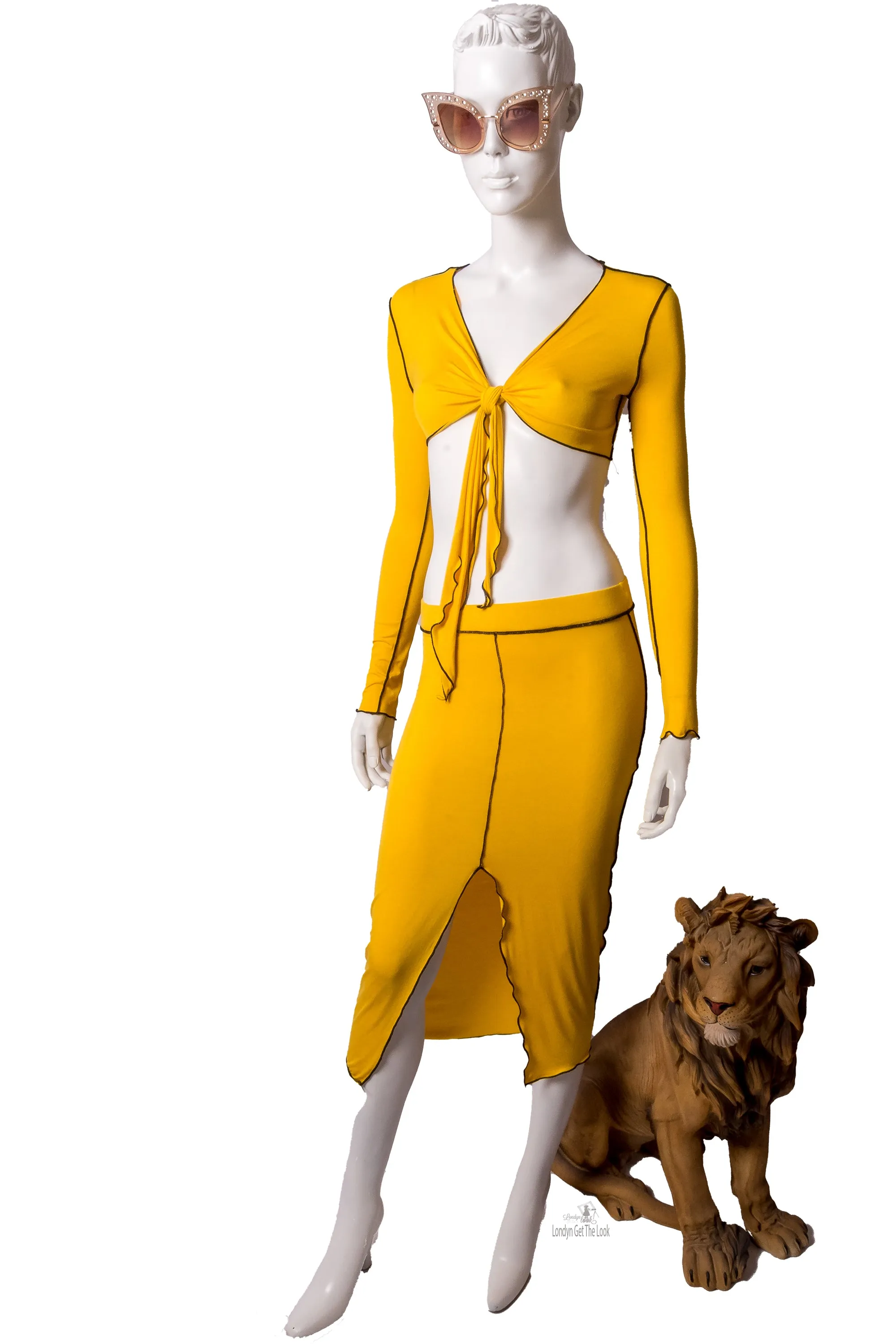 City Chic Long Sleeve Tie Front Crop Top & Front Slit Skirt  Set