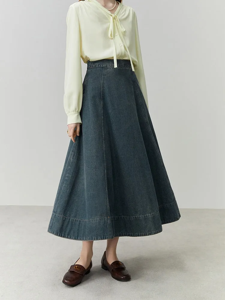 Dark Blue Women Retro Denim Sets Square Neck Puff Sleeve Female Blouses A-LINE Long Skirts Zipper Waist Women Denim Skirt