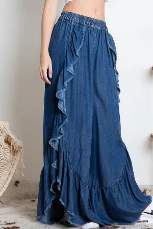 Denim Ruffle Wide Leg Pants