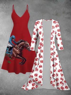 Derby Art Print Vintage Elegant Suspender Dress Two Piece Sets