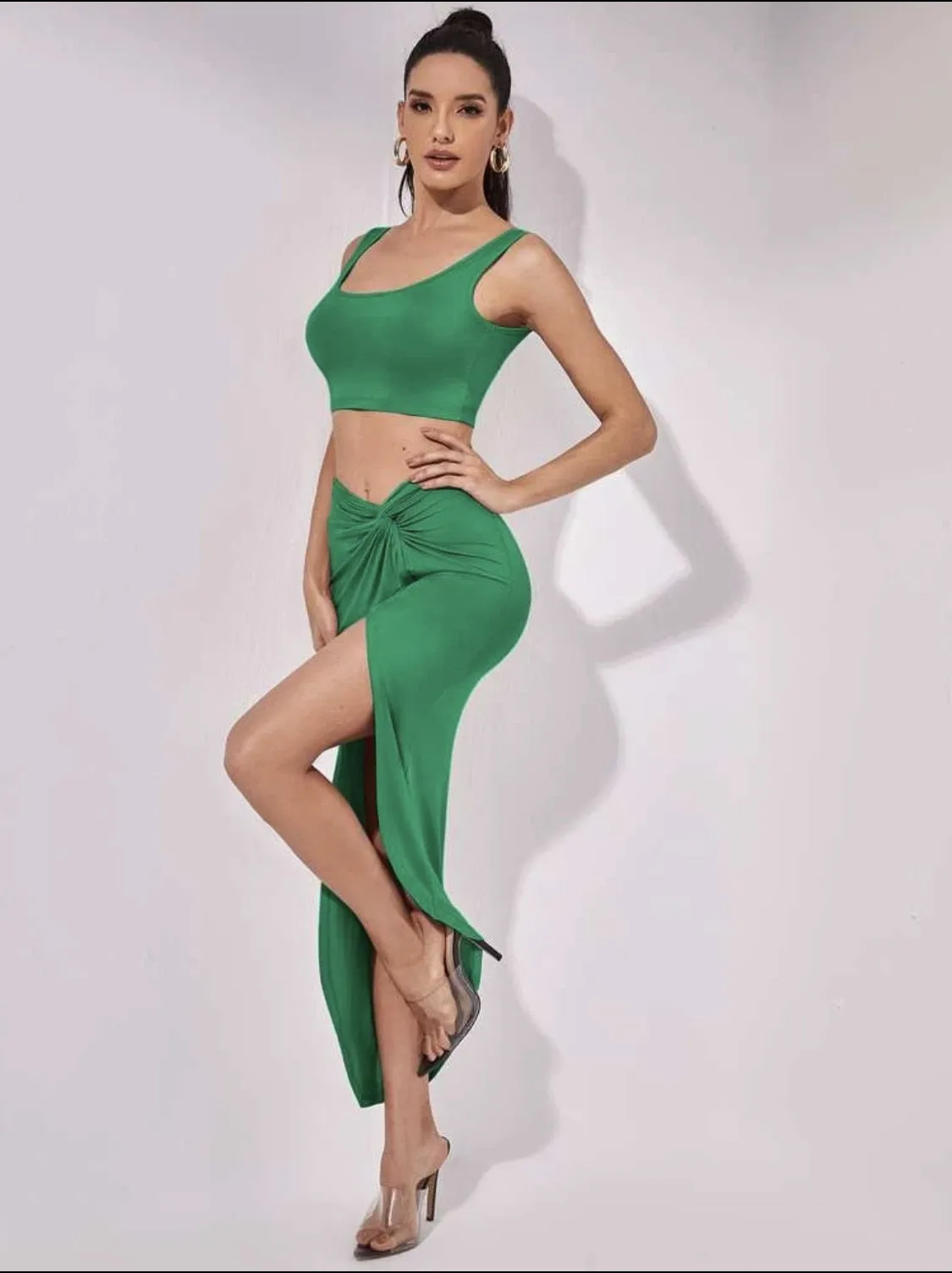 DFLlifes Sleeveless Twist Side Split Long Skirts Matching Set