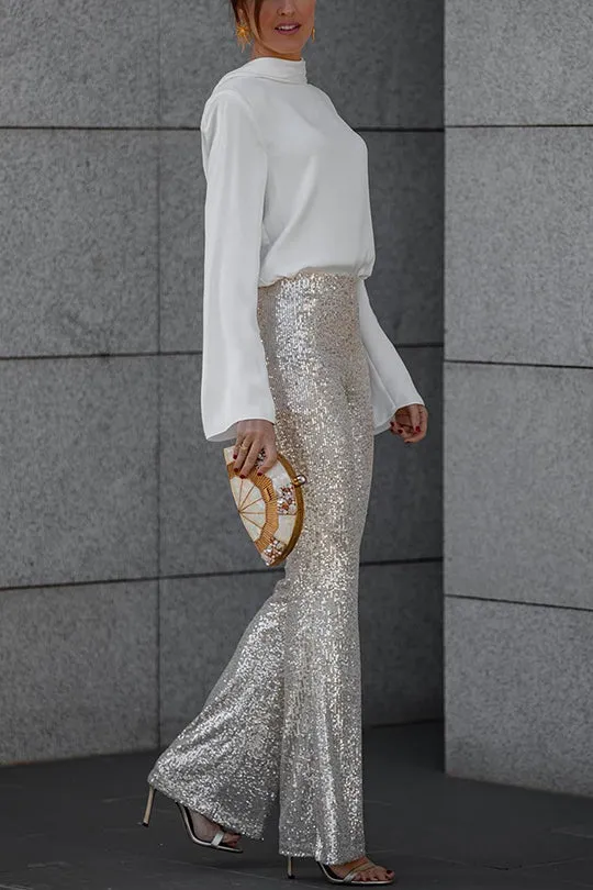 Diva Velvet Sequin High Rise Elastic Waist Flare Pants