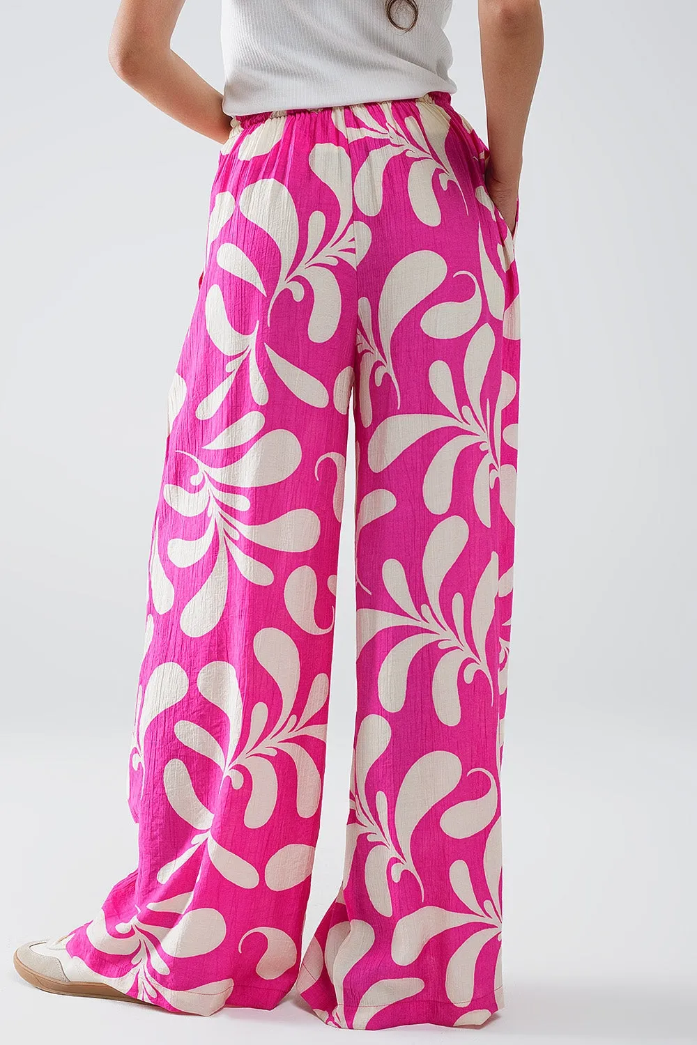 Elasticated Waist Straight Leg Pants In Fuchsia Floral Print
