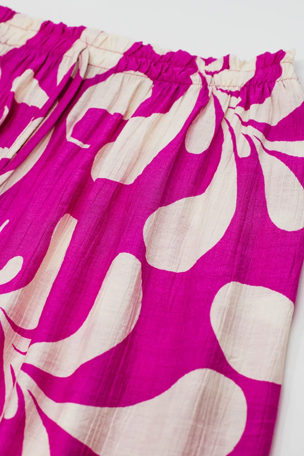 Elasticated Waist Straight Leg Pants In Fuchsia Floral Print