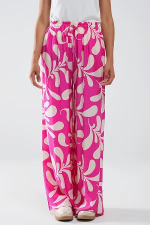 Elasticated Waist Straight Leg Pants In Fuchsia Floral Print