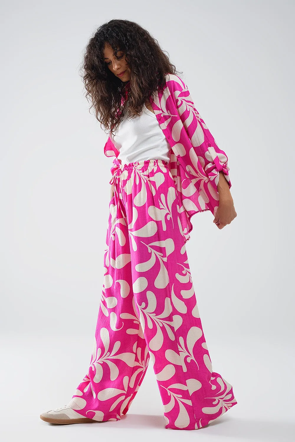 Elasticated Waist Straight Leg Pants In Fuchsia Floral Print