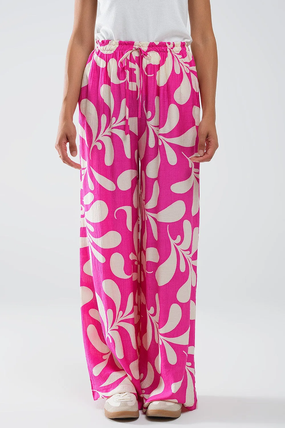 Elasticated Waist Straight Leg Pants In Fuchsia Floral Print