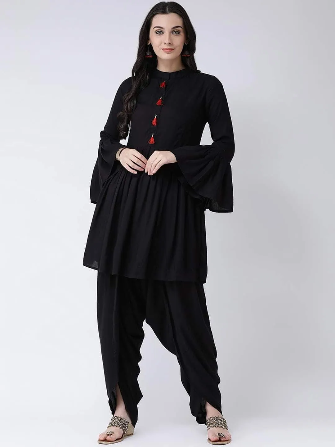 Fifth Avenue Women's TPS230 Tassel Detail Kurti and Dhoti Pants Set - Black
