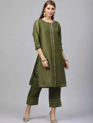 Fifth Avenue Women's TPS247 Gota Lace Kurti and Pants Set - Green
