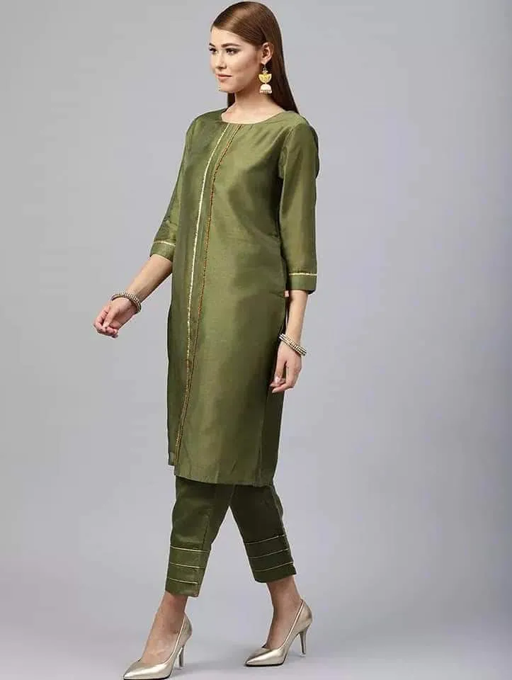 Fifth Avenue Women's TPS247 Gota Lace Kurti and Pants Set - Green