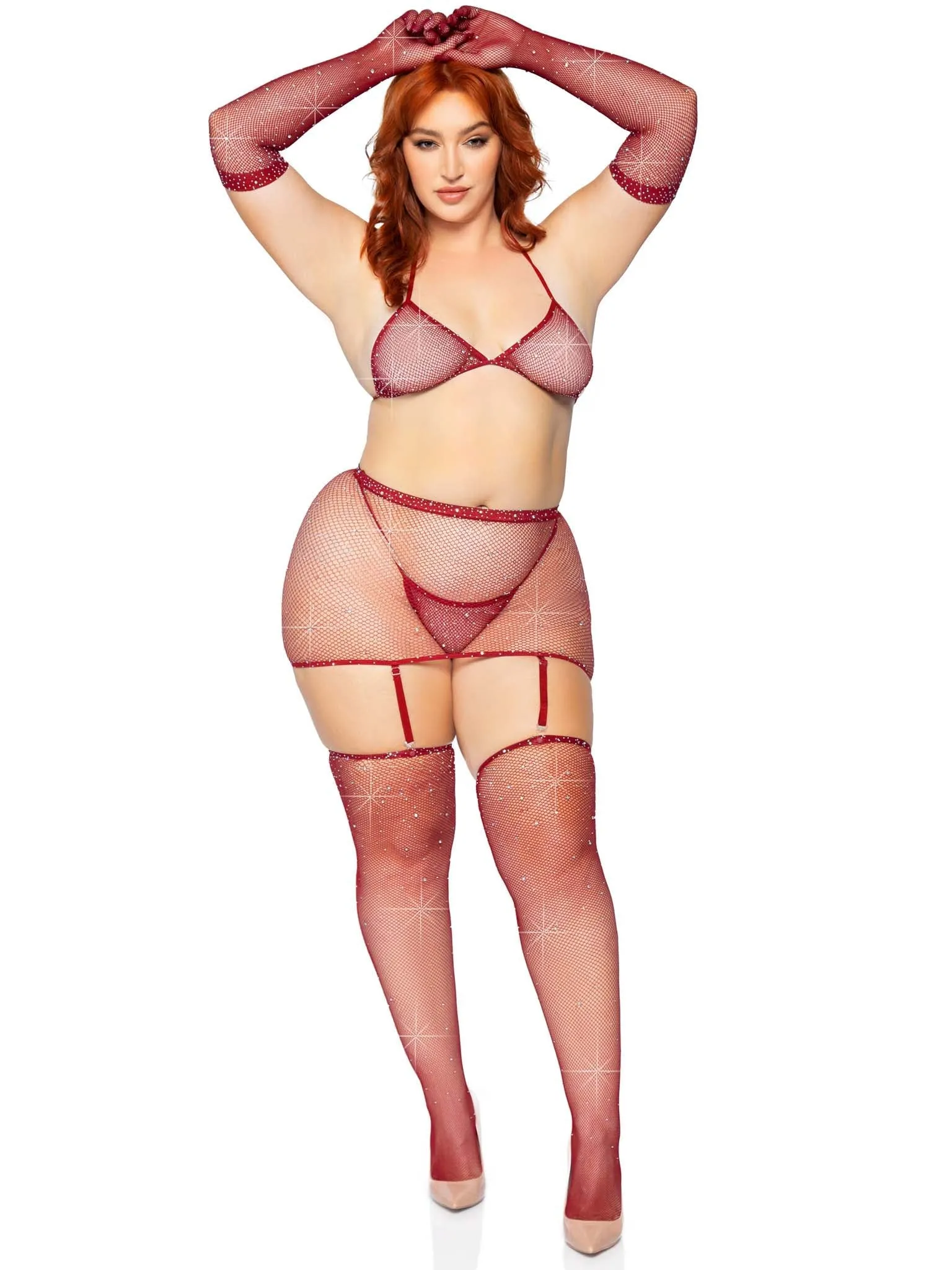 Five Piece Rhinestone Bikini Top G-String Garter Skirt, Gloves and Stockings Curvy Size