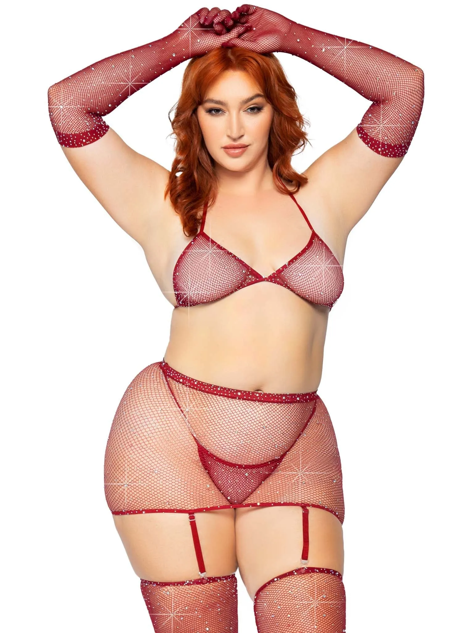 Five Piece Rhinestone Bikini Top G-String Garter Skirt, Gloves and Stockings Curvy Size