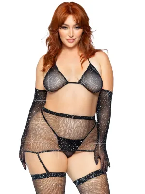 Five Piece Rhinestone Bikini Top G-String Garter Skirt, Gloves and Stockings Curvy Size